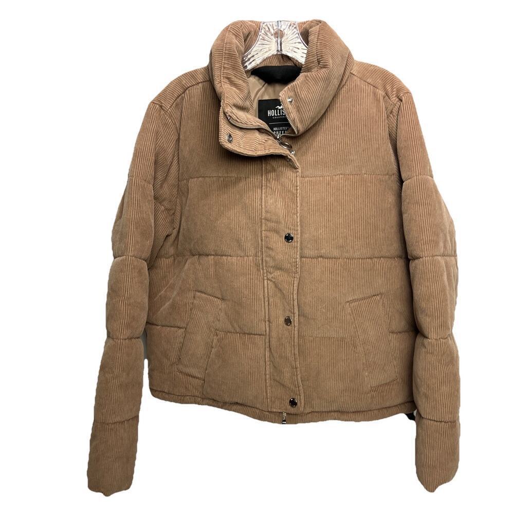 Hollister Corduroy Puffer Zip up Jacket High Collar Pockets Womens Large Tan